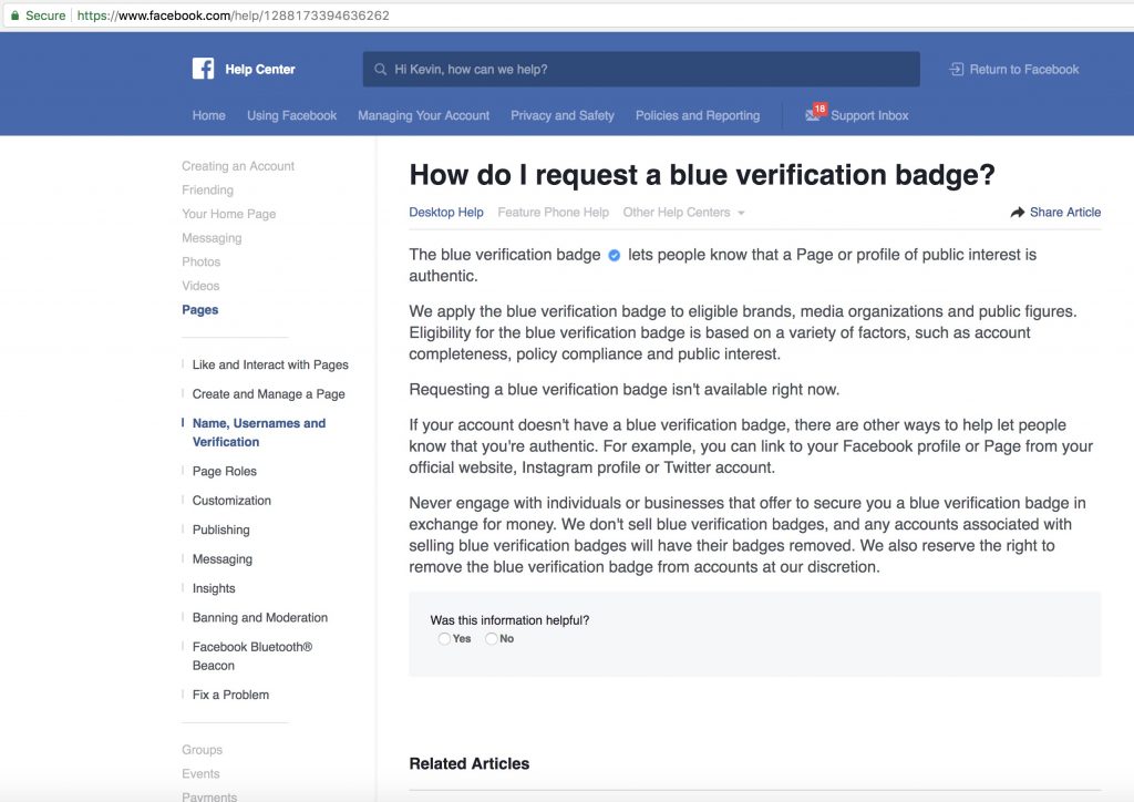 Request a blue verification badge is not available